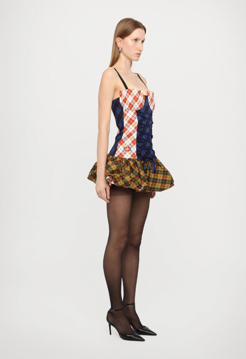 Tartan-Clash Scrunchie Bustier Dress