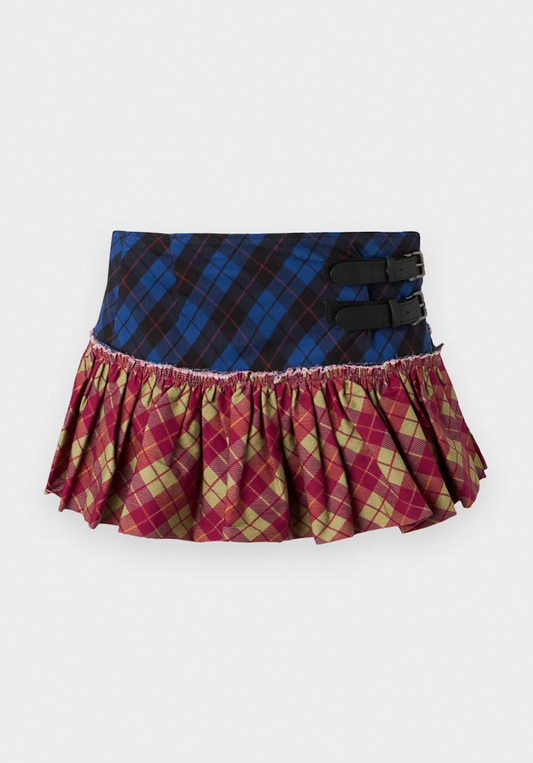 Tartan-Clash Scrunchie Mini-Skirt