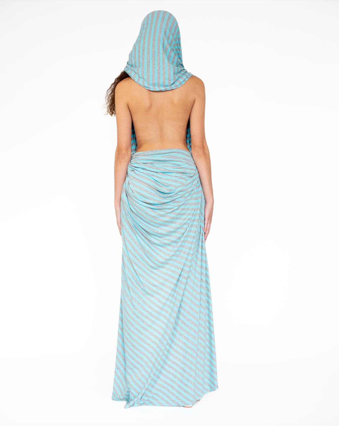 Stripe Jersey Hooded Cowl-neck Dress