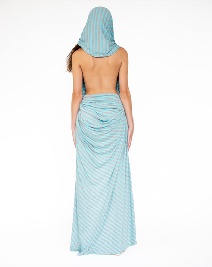 Stripe Jersey Hooded Cowl-neck Dress