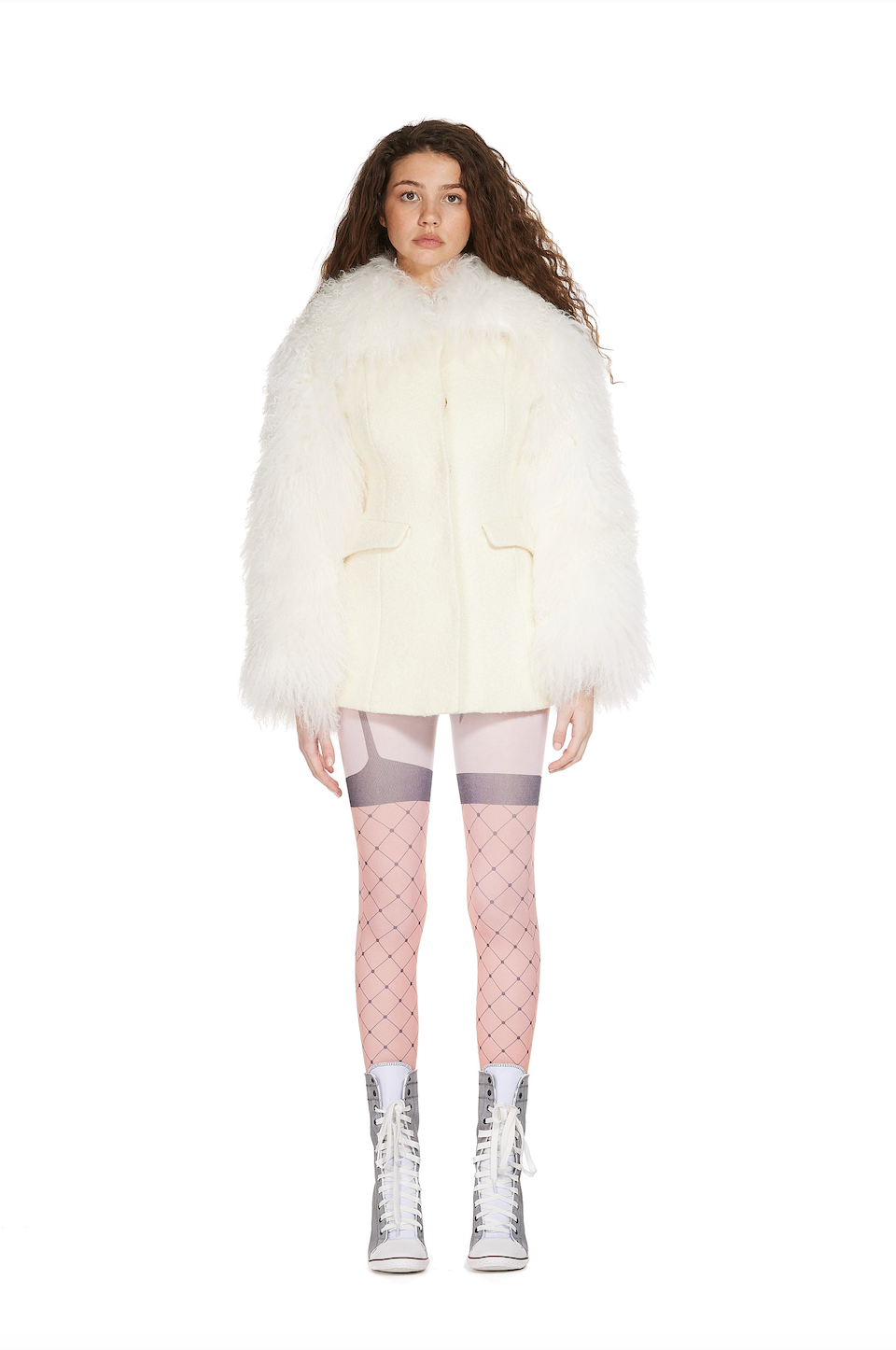 Wool Tailored Coat with Mongolian Fur Sleeves and Collar