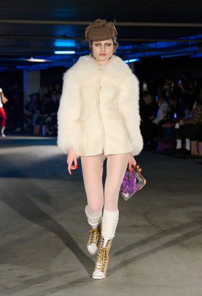 Wool Tailored Coat with Shearling Fur Sleeves and Collar