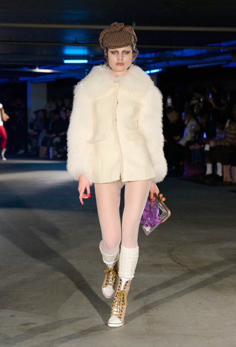Wool Tailored Coat with Mongolian Fur Sleeves and Collar