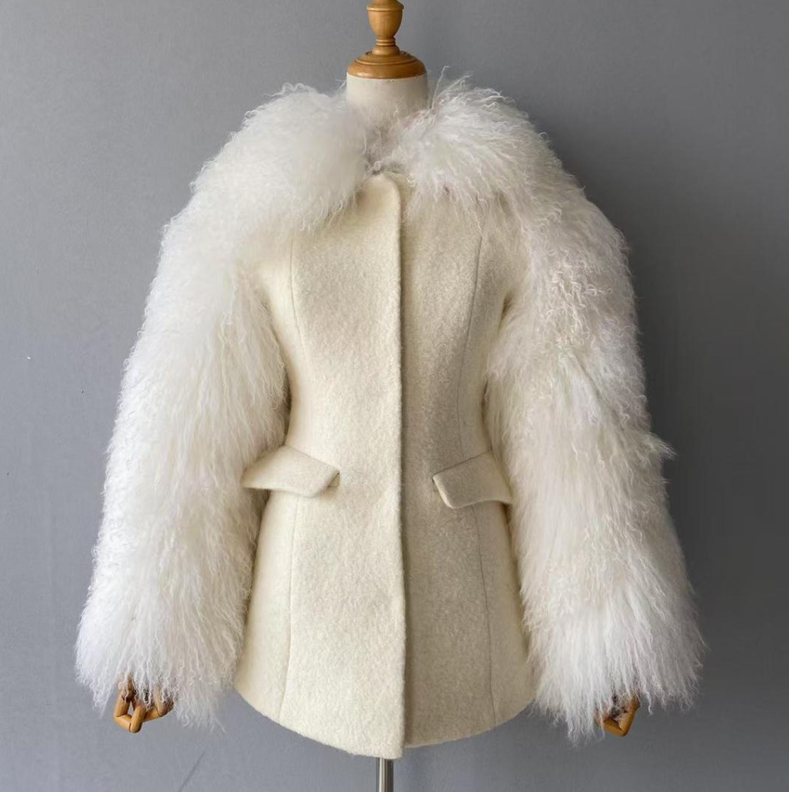 Wool Tailored Coat with Mongolian Fur Sleeves and Collar