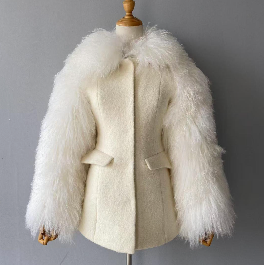 Wool Tailored Coat with Shearling Fur Sleeves and Collar