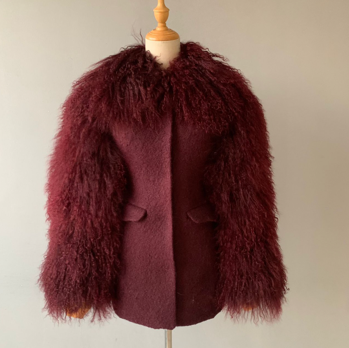 Wool Tailored Coat with Mongolian Fur Sleeves and Collar