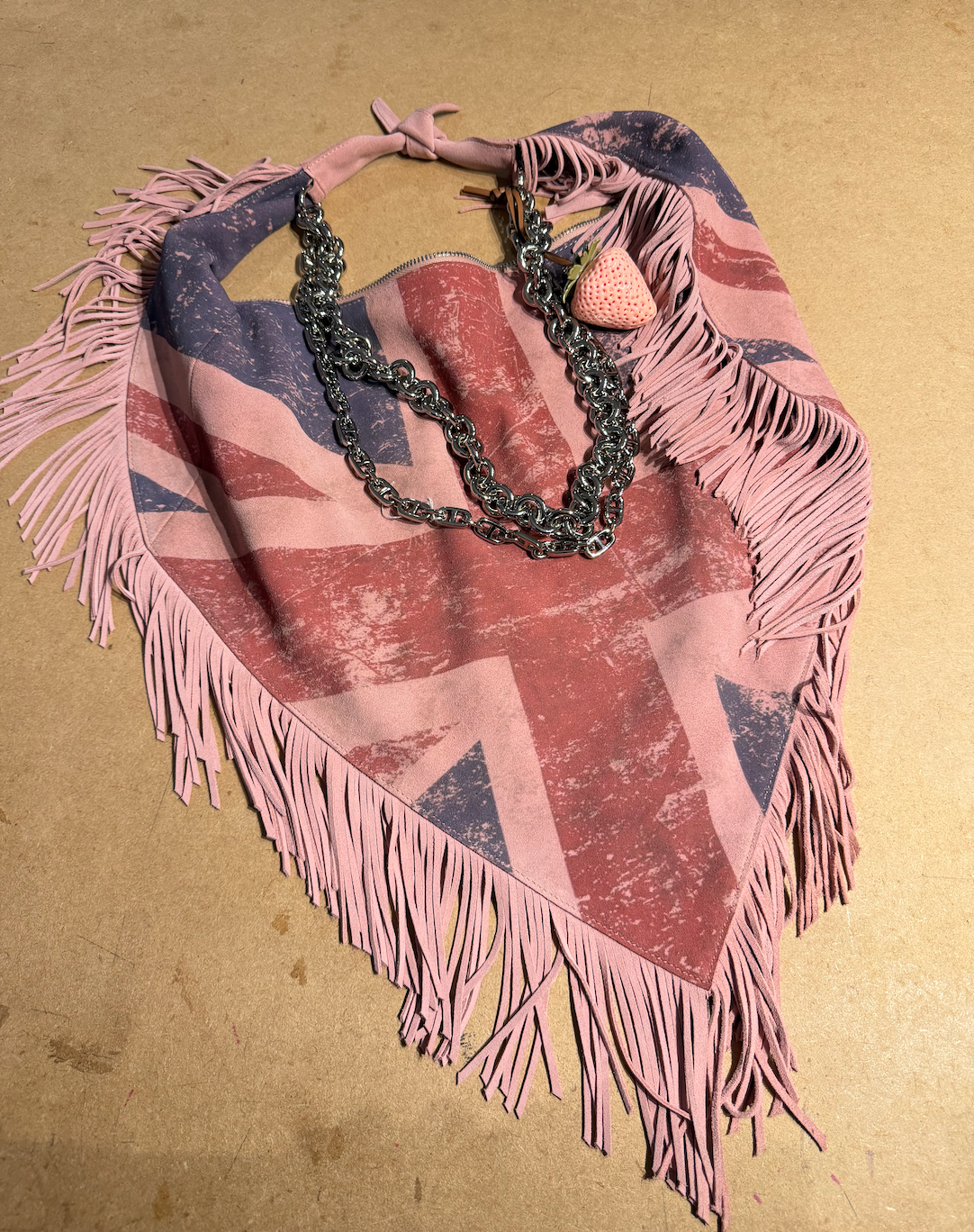 Suede Distressed Flag Tassel Bag with Strawberry Charm