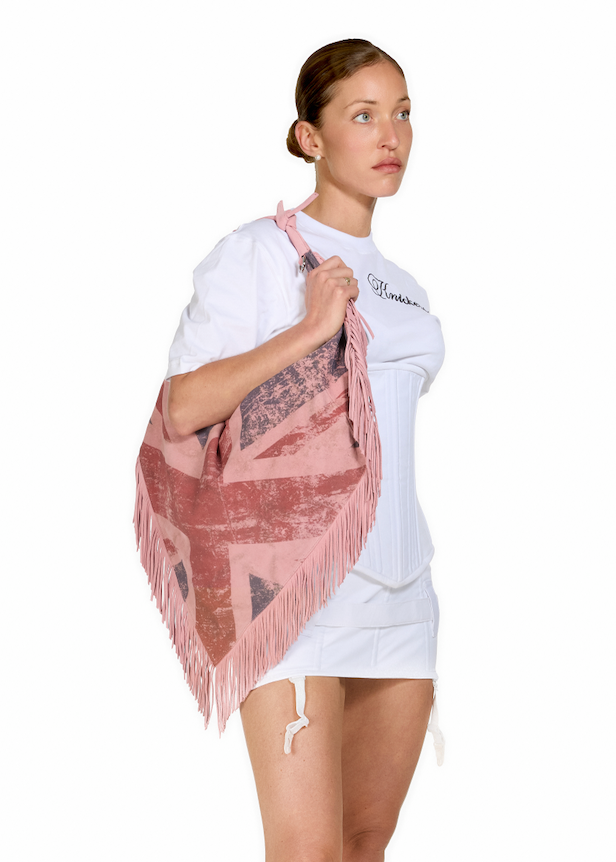 Suede Distressed Flag Tassel Bag with Strawberry Charm