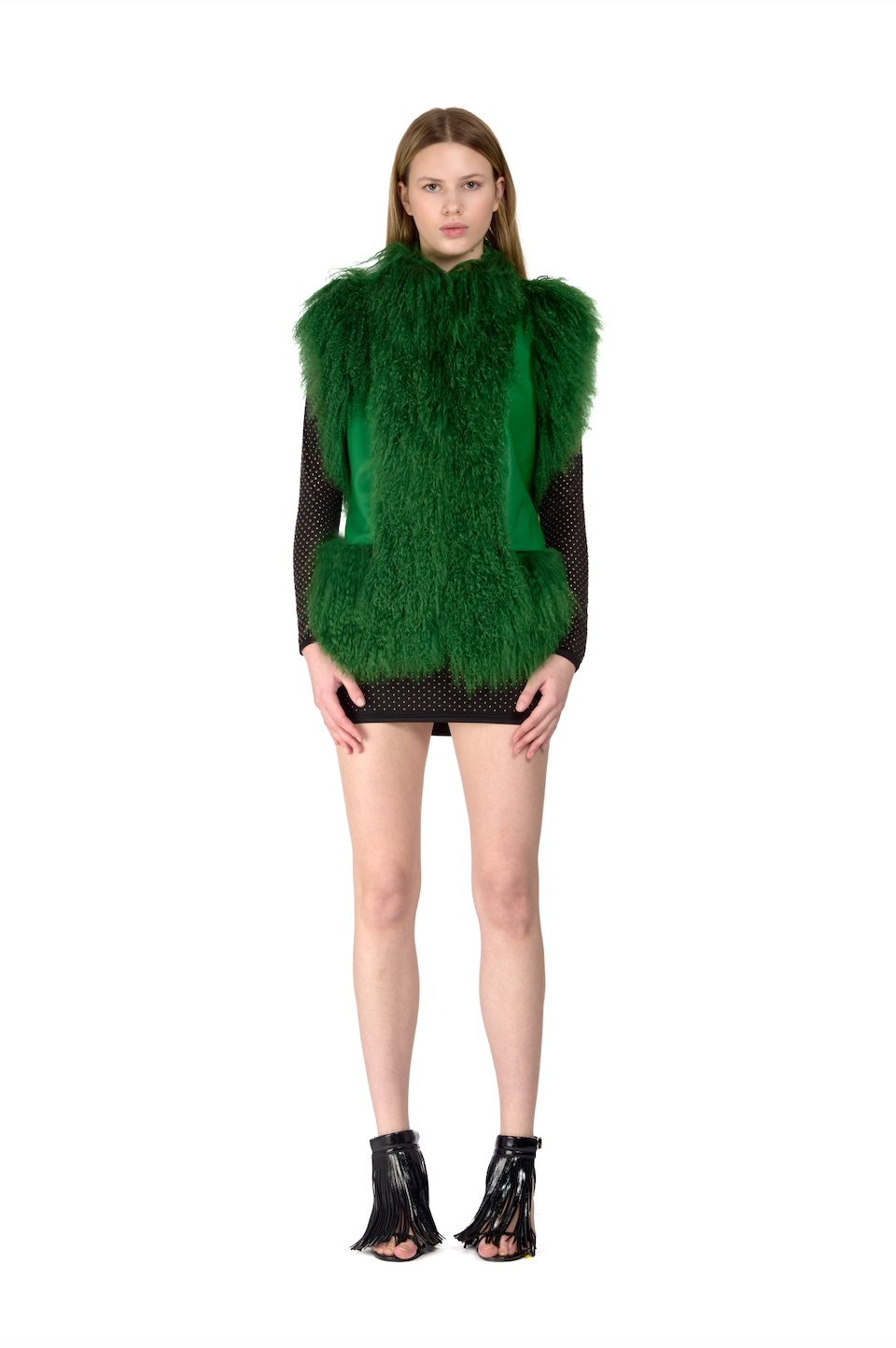 Mongolian Trim Leather Gilet- Bottle Green