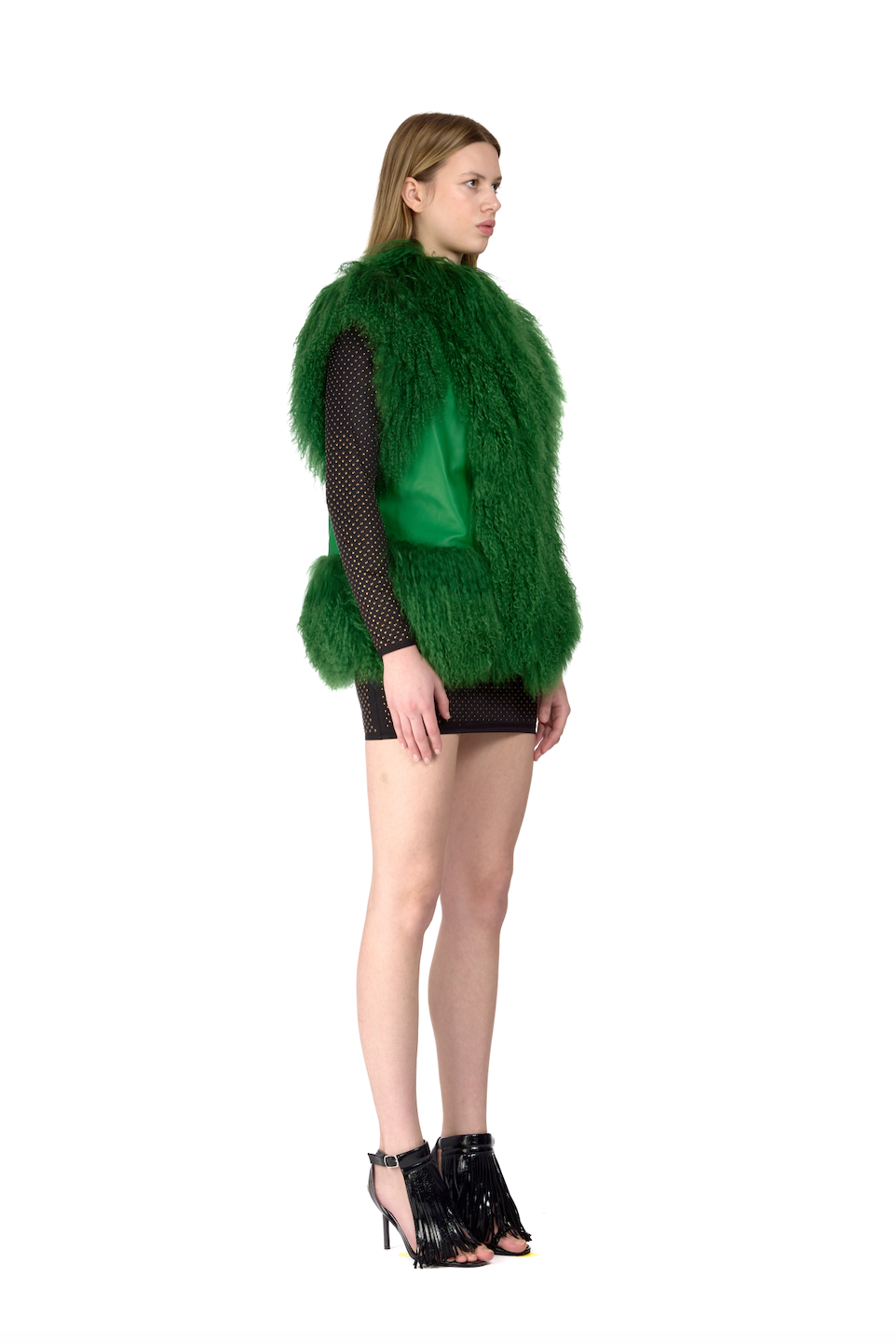 Mongolian Trim Leather Gilet- Bottle Green