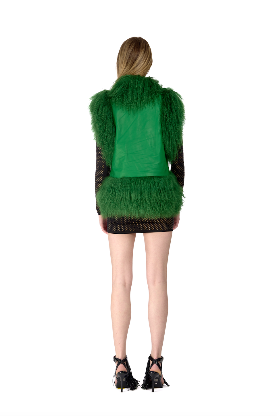 Mongolian Trim Leather Gilet- Bottle Green