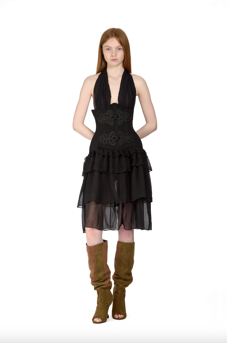 Chiffon Halter Neck Corset Military Braid Dress