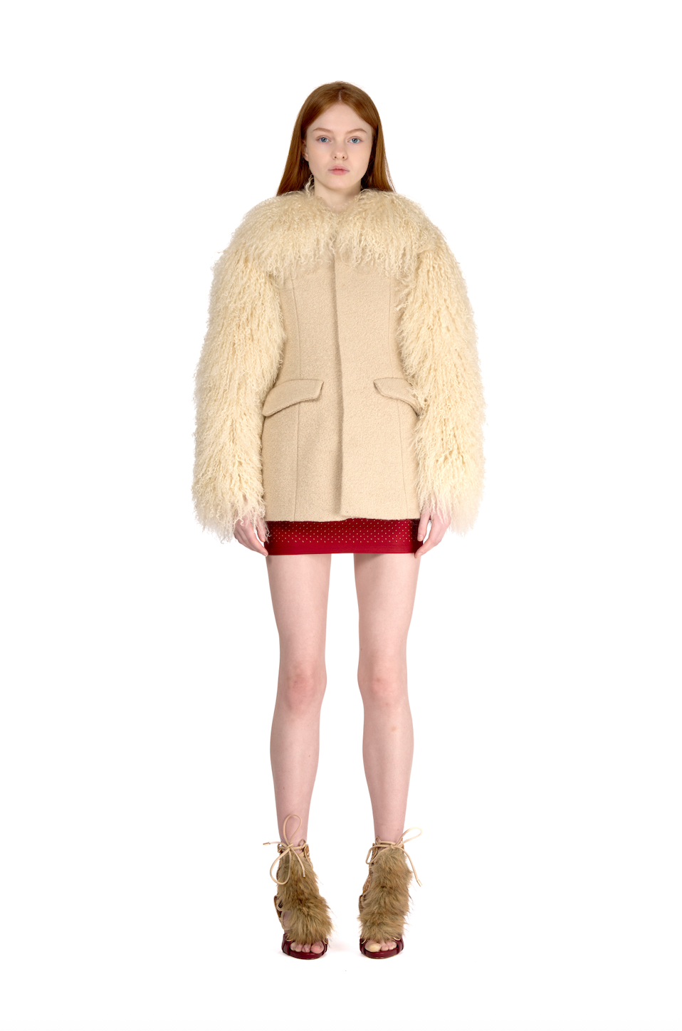 Wool Tailored Coat with Mongolian Fur Sleeves and Collar