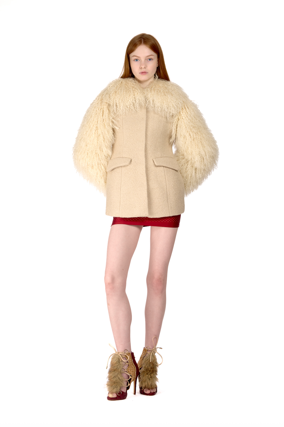 Wool Tailored Coat with Mongolian Fur Sleeves and Collar