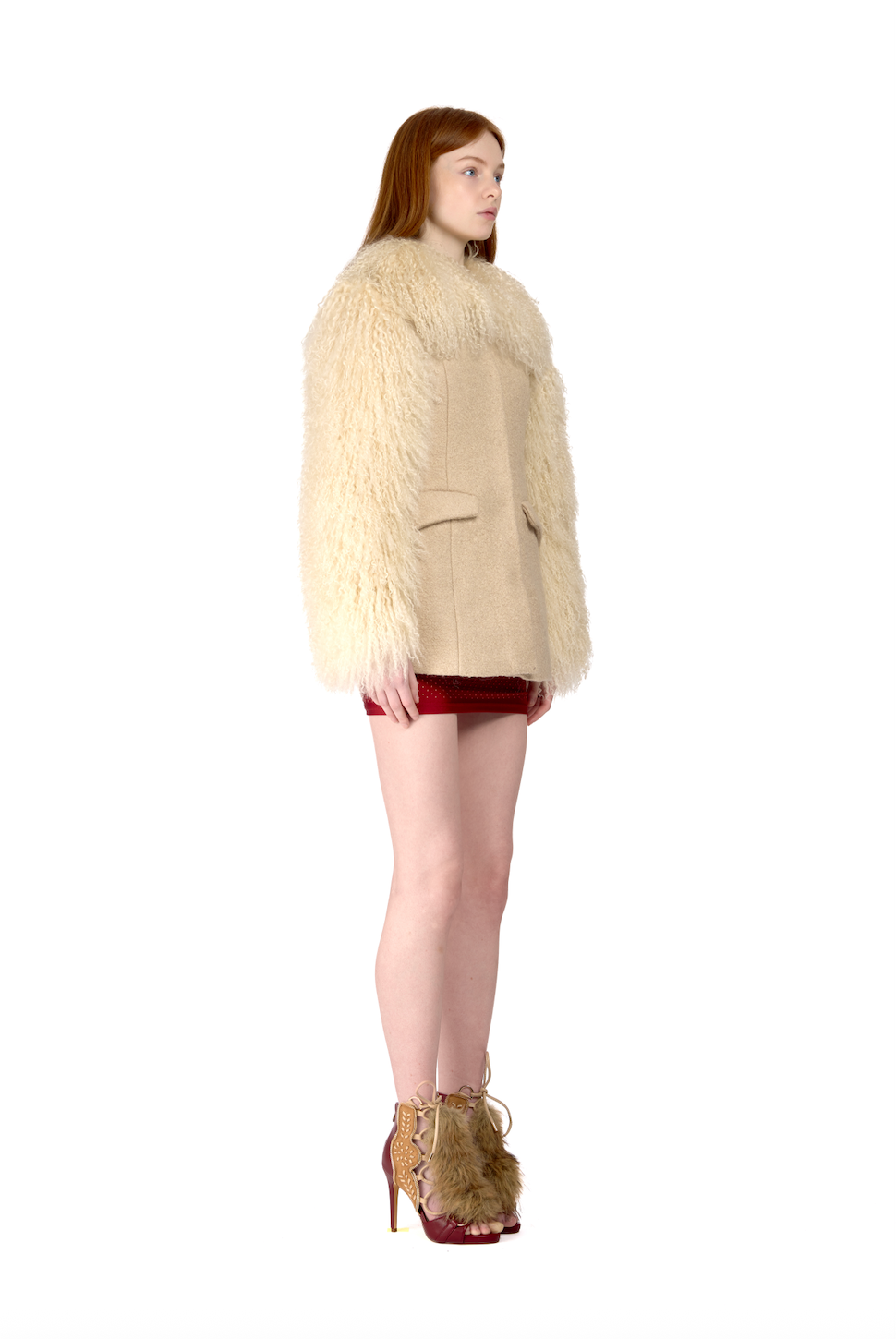 Wool Tailored Coat with Mongolian Fur Sleeves and Collar