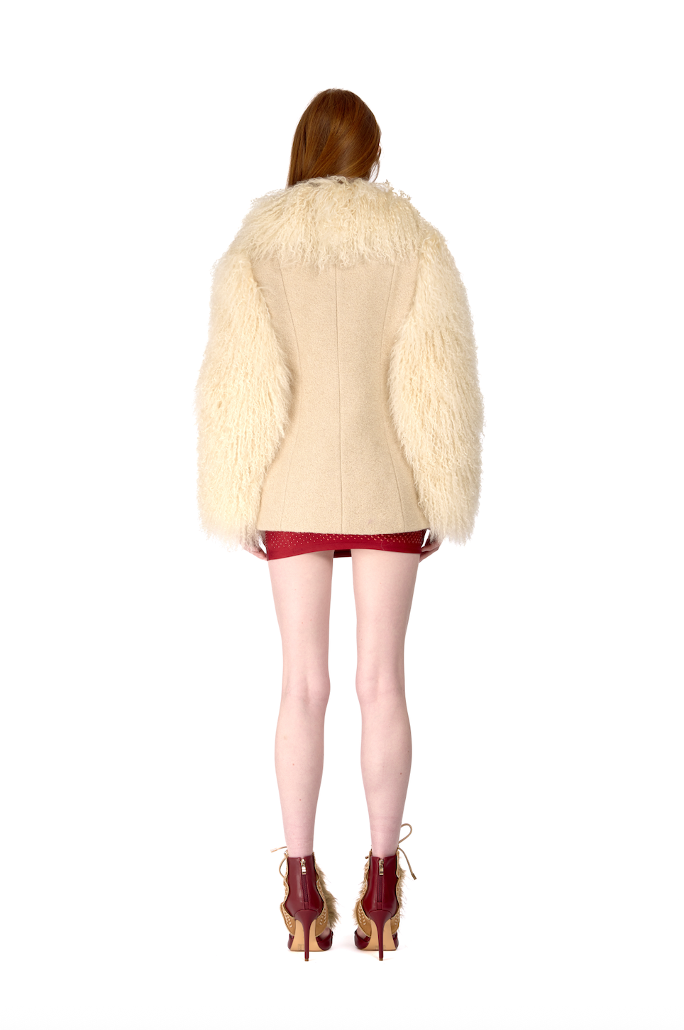 Wool Tailored Coat with Mongolian Fur Sleeves and Collar