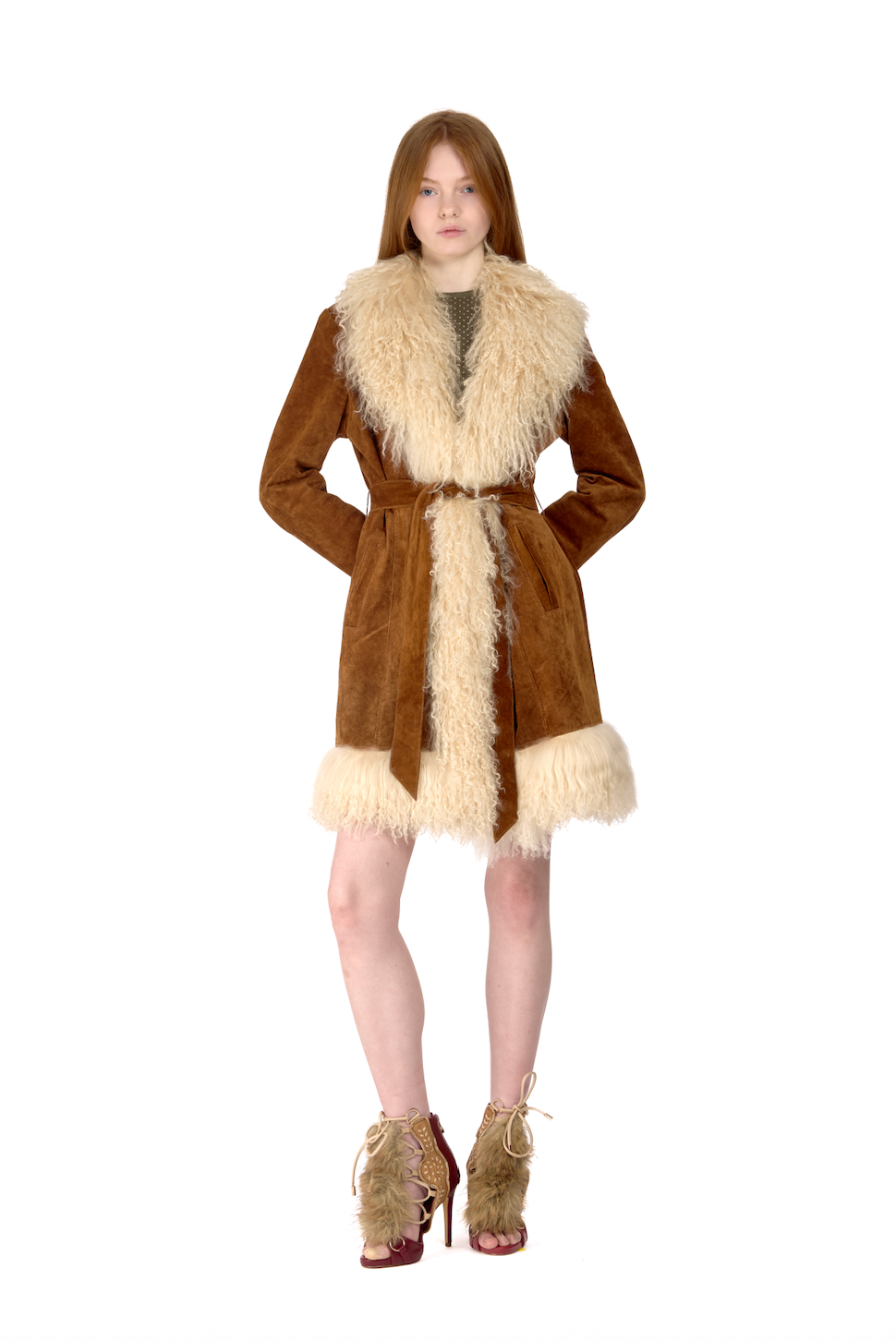 Suede Penny Lane Coat with Mongolian Fur Trim