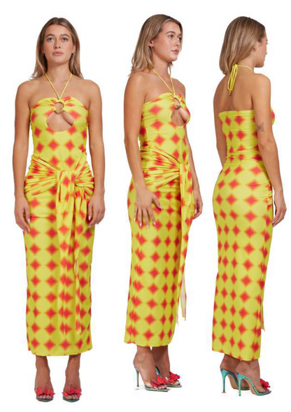 YELLOW O RING HALTERNECK MAXI DRESS WITH DRAPE FRONT