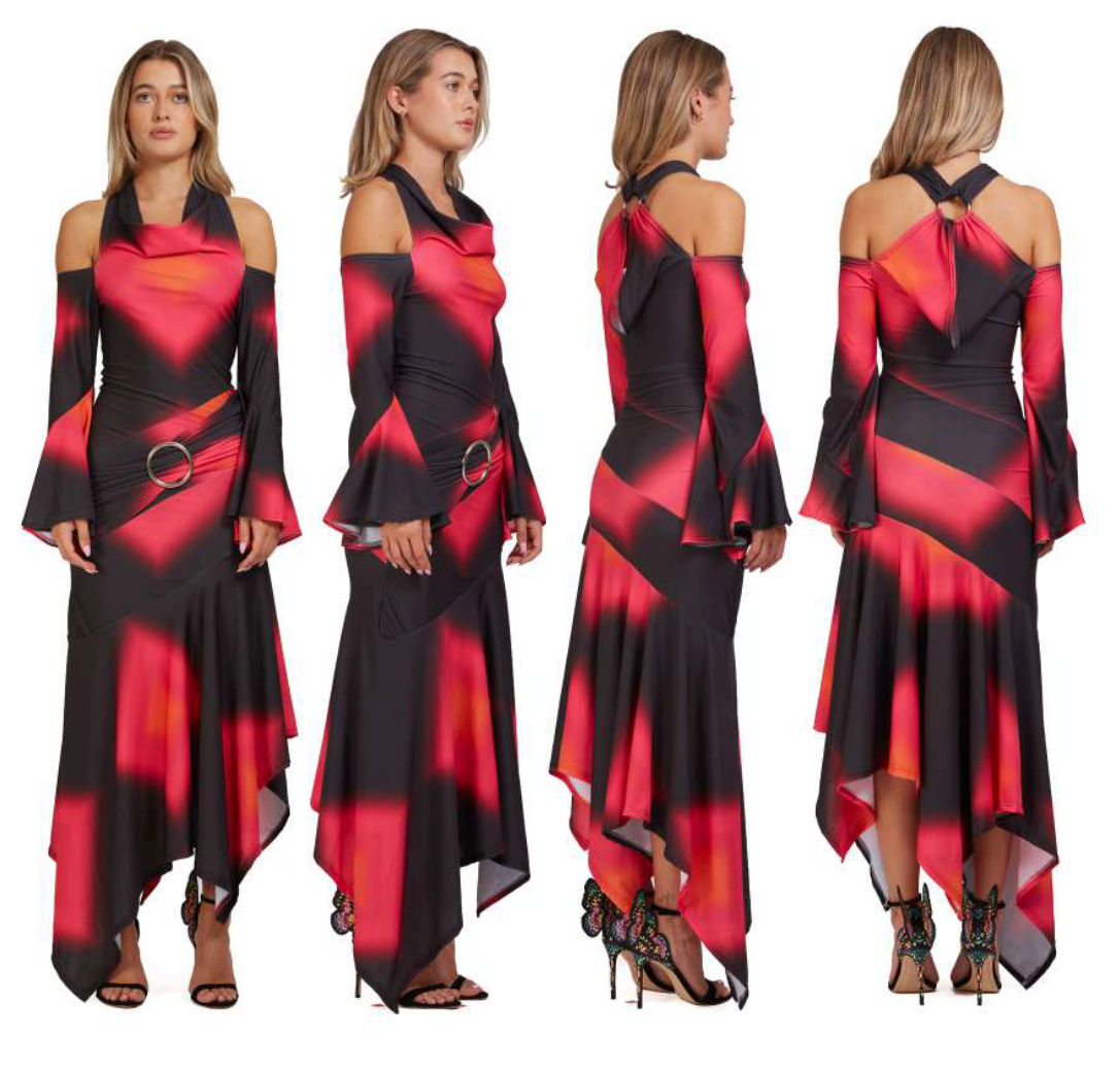 COWLNECK PRINTED ASSYMETRIC MAXI DRESS