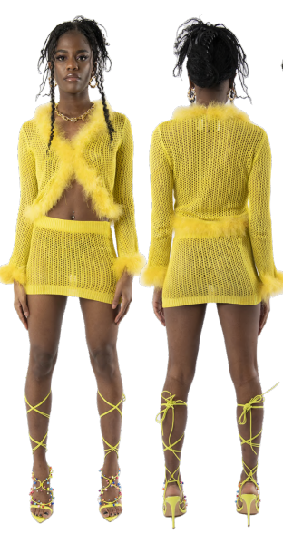 YELLOW FEATHER TRIM KNIT SET