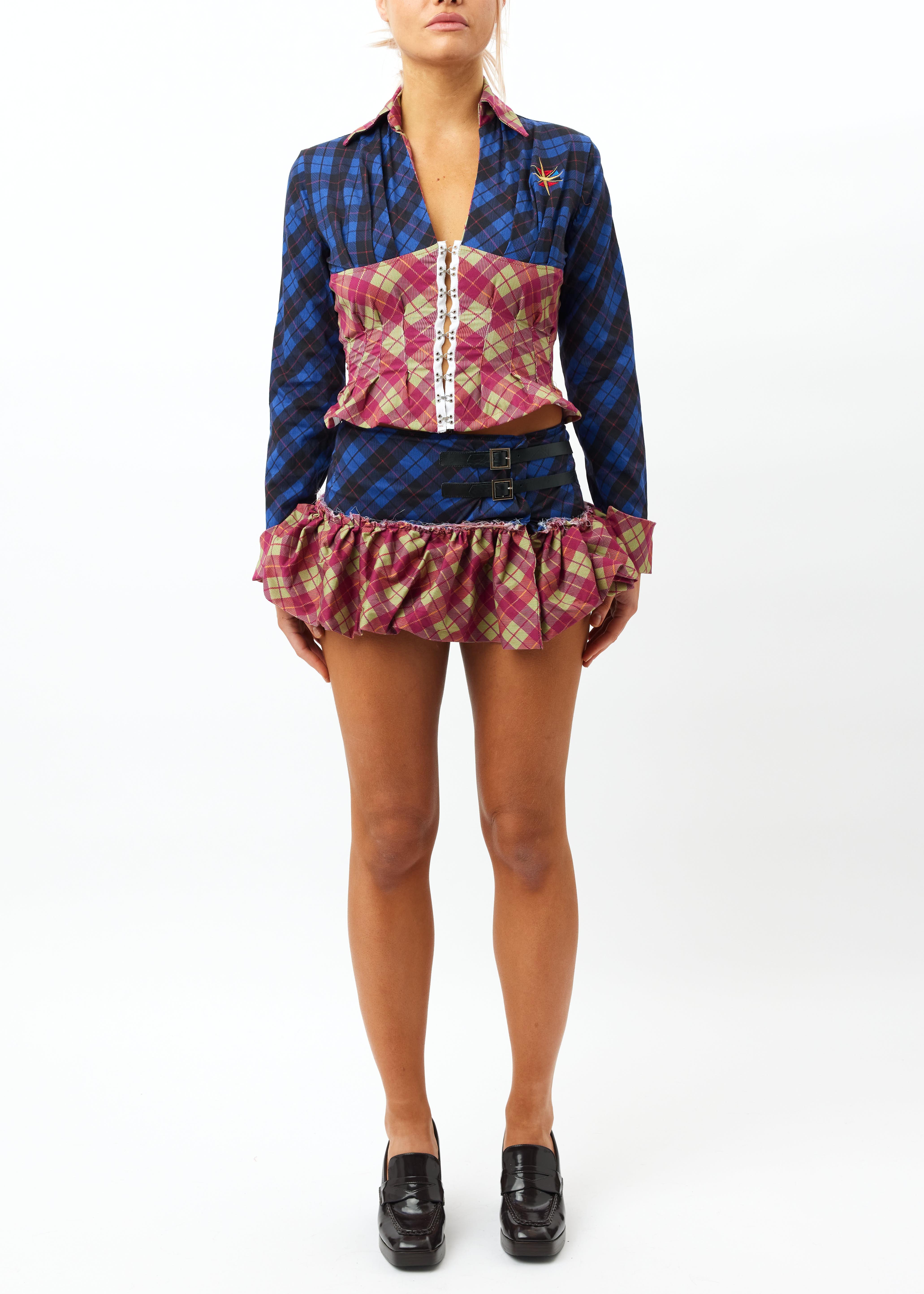 Tartan-Clash Scrunchie Mini-Skirt