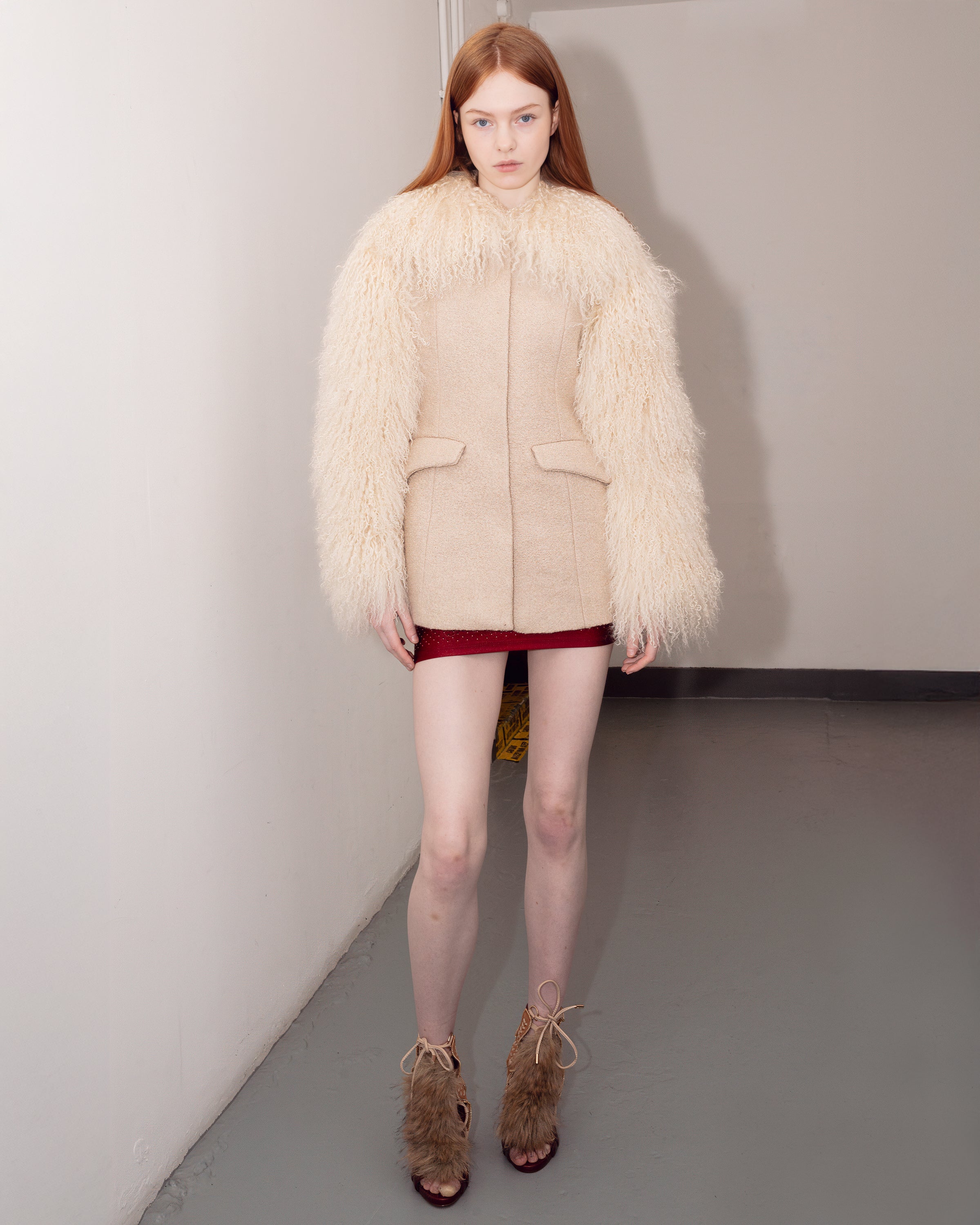 Wool Tailored Coat with Mongolian Fur Sleeves and Collar