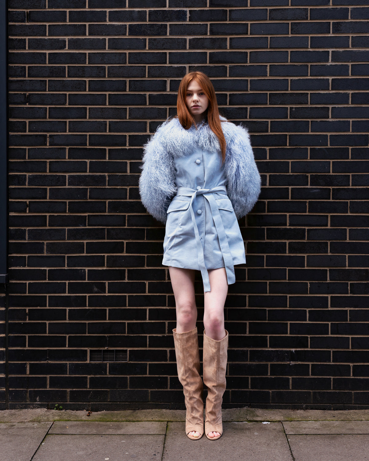 Suede Tailored Coat Mongolian Fur Sleeves Collar
