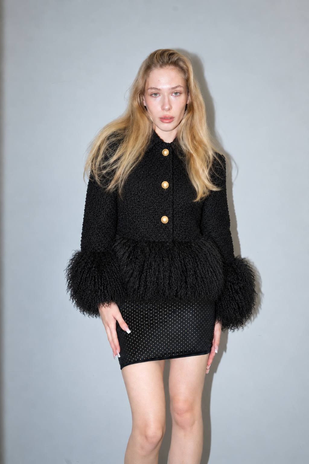 Tailored Wool Coat with Mongolian Fur Trim- Black