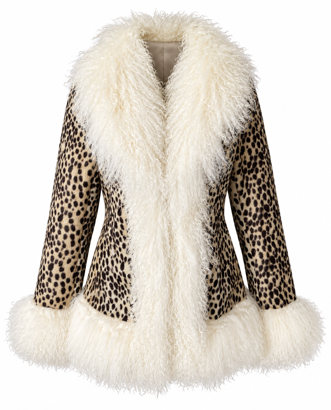 Cheetah Print Penny Lane Coat with Mongolian Fur Sleeves and Collar