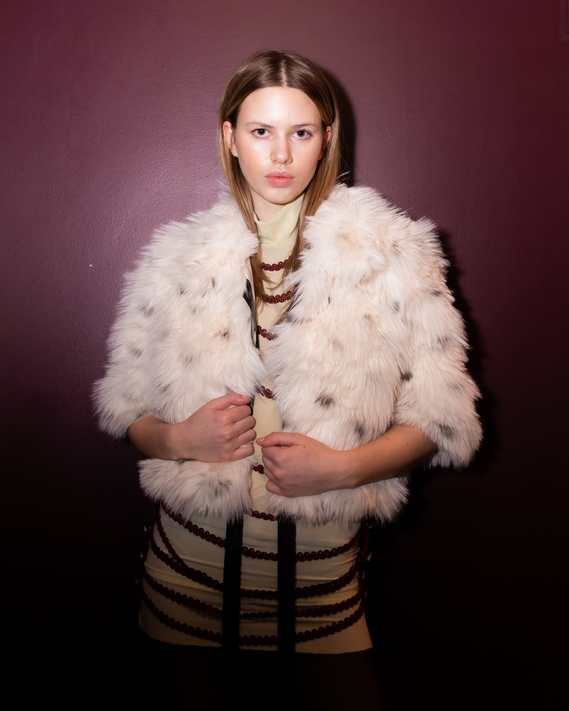 Polkadot Faux Fur Shawl Jacket