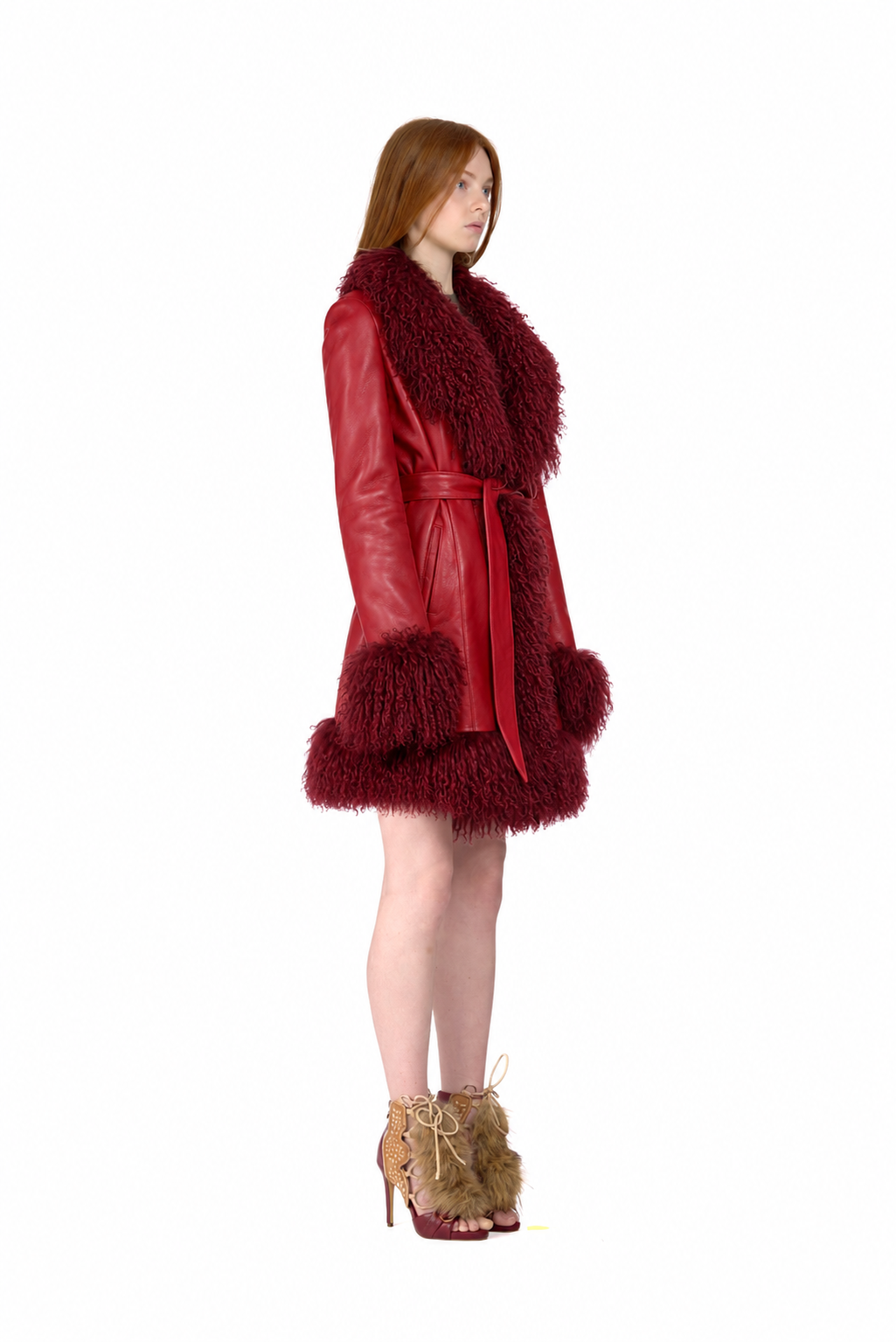 Leather Penny Lane Coat with Mongolian Fur Sleeves and Collar