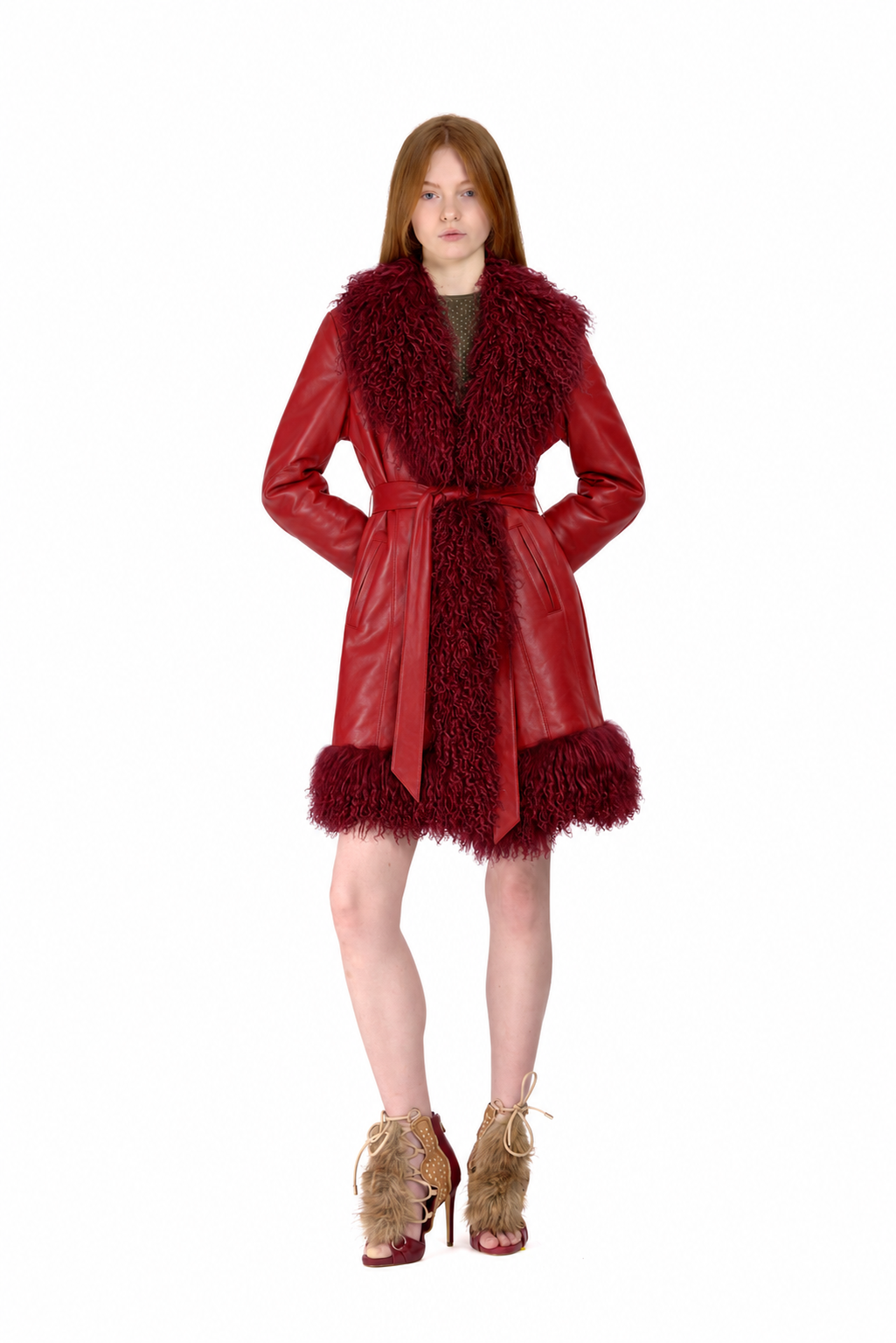 Leather Penny Lane Coat with Mongolian Fur Sleeves and Collar