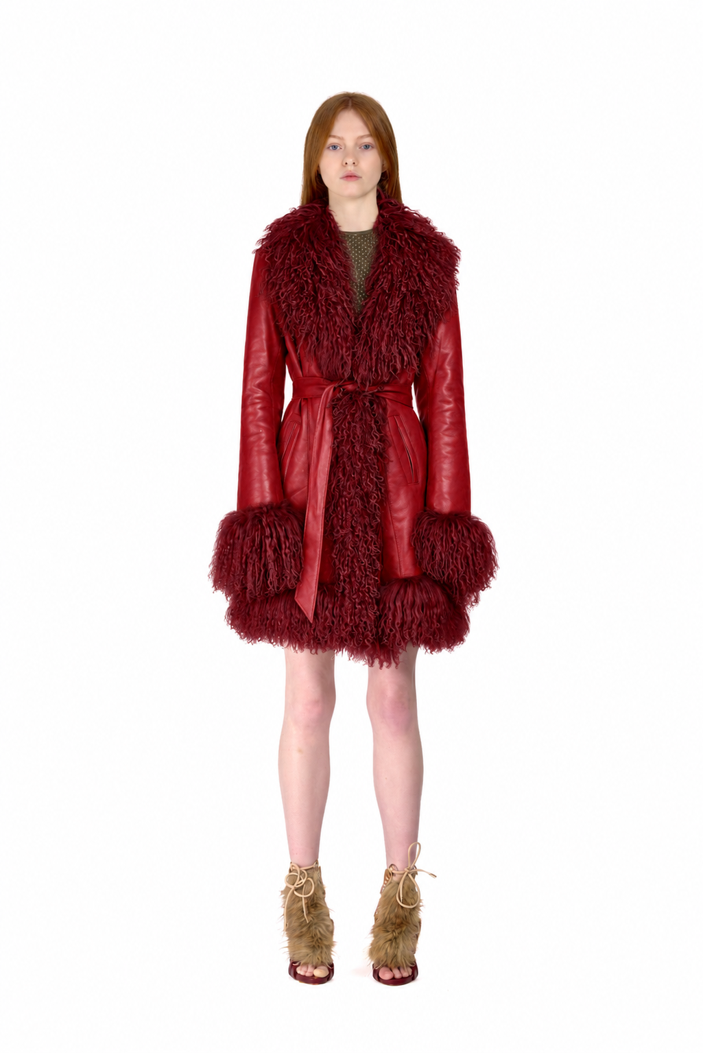 Leather Penny Lane Coat with Mongolian Fur Sleeves and Collar