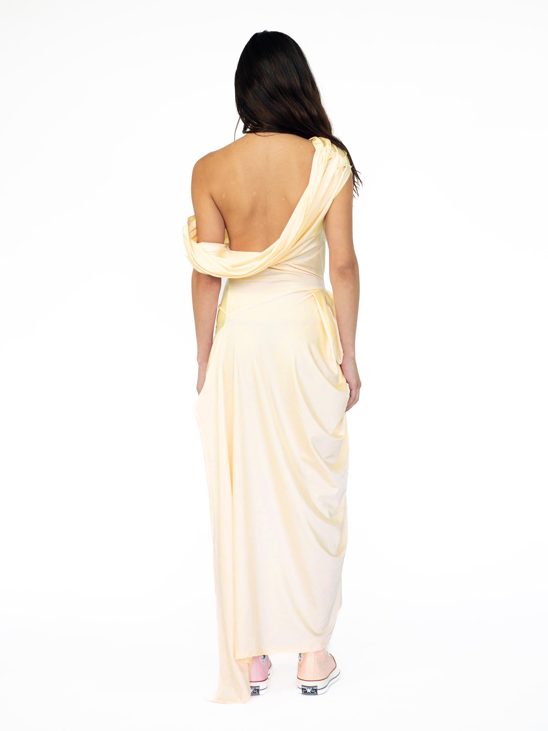 Butter Yellow- Sheen Draped Asymmetrical Dress