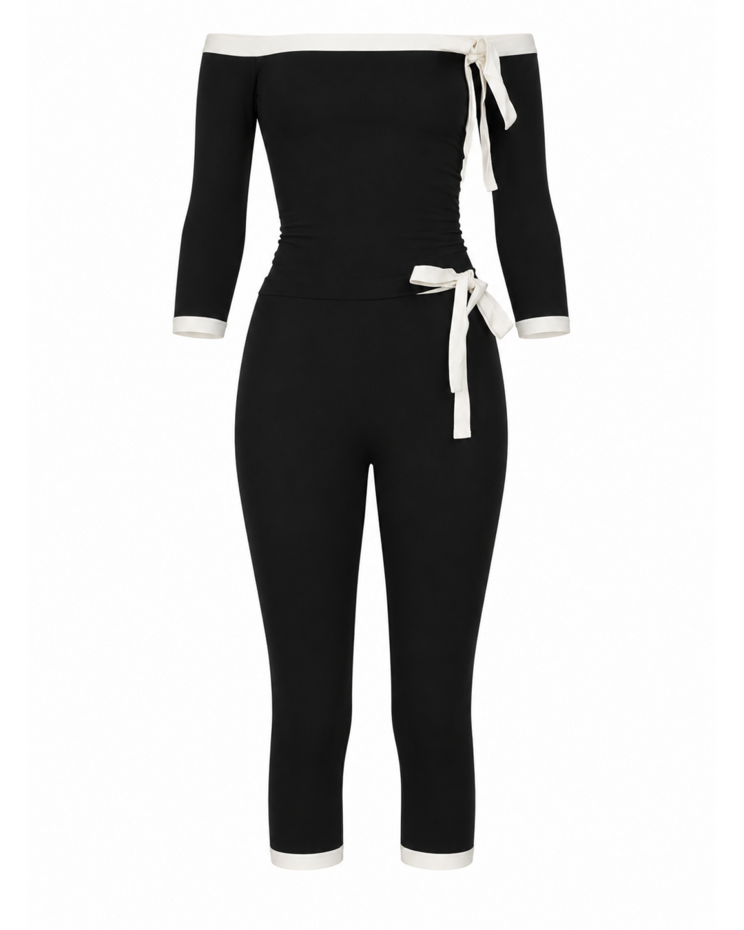 Off the Shoulder Black Top with Bow Detail and Matching Capri-Pants