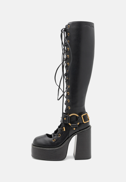 LACE UP BLACK BUCKLE BOOTS