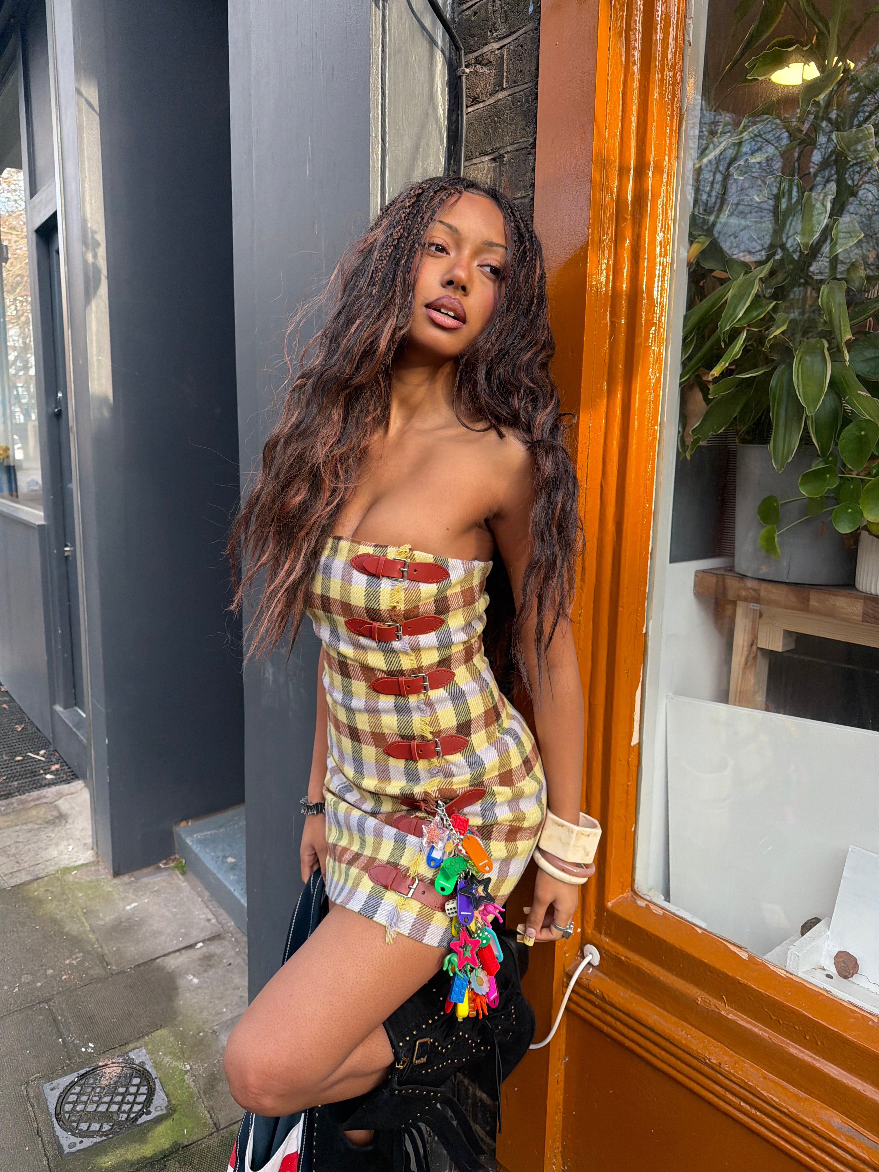 Tartan Blanket Mini-Dress with Kilt-Buckles