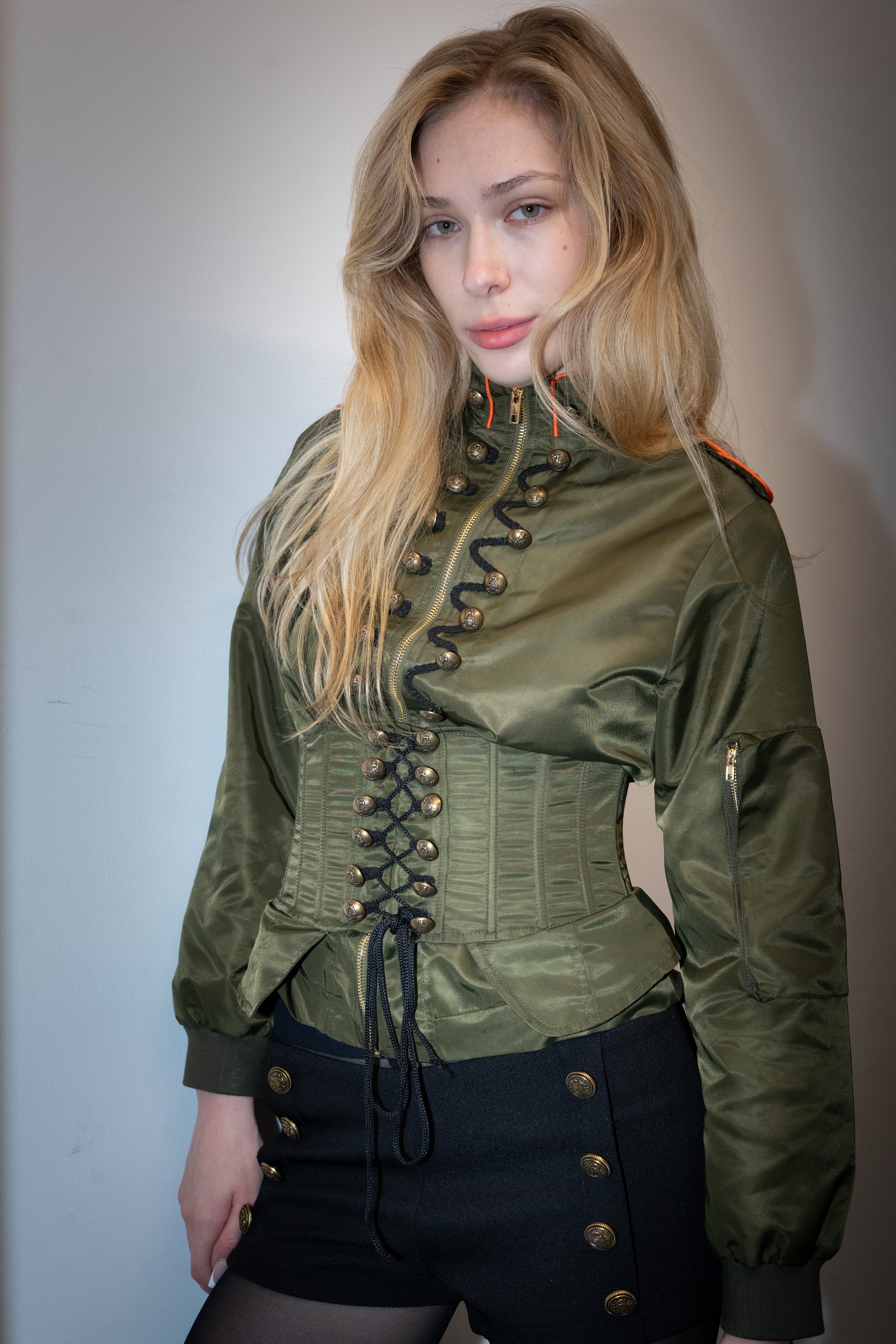 Military Nylon Corset Bomber Jacket- Khaki