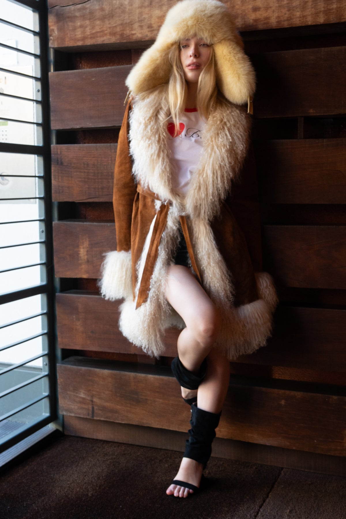 Suede Penny Lane Coat with Mongolian Fur Trim