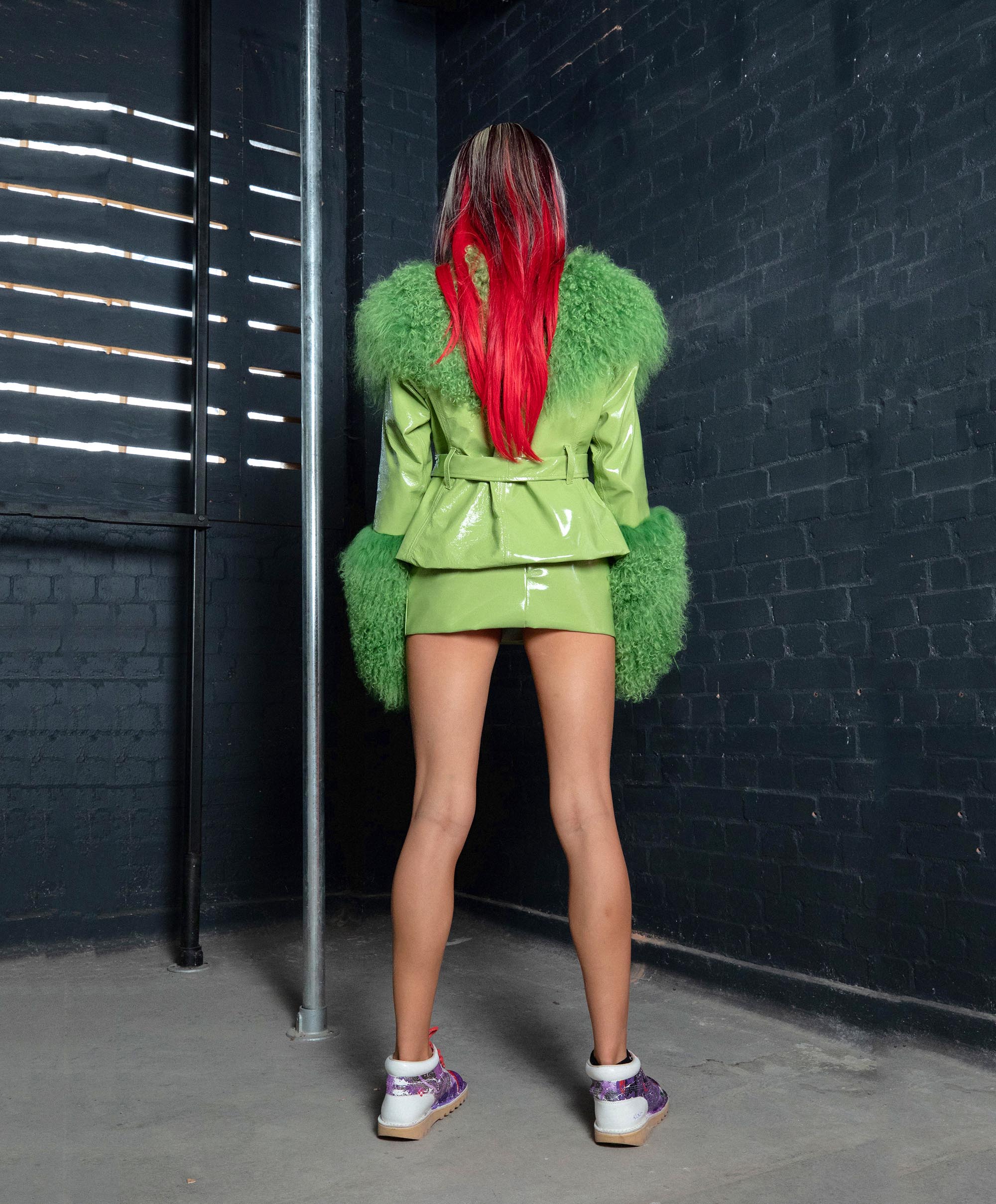 Leather Cropped Coat with Mongolian Fur Trim