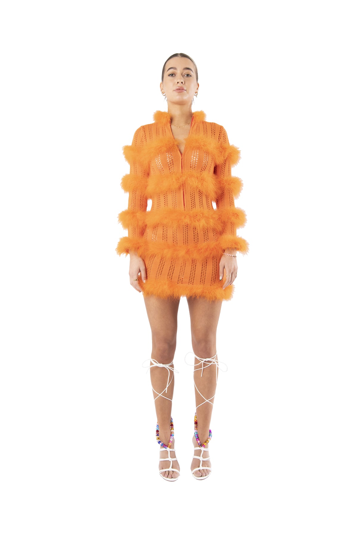Hole Punch Knitted Dress Feather Trim
