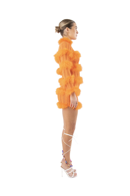 Hole-Punch Knitted Dress with Feather Trim