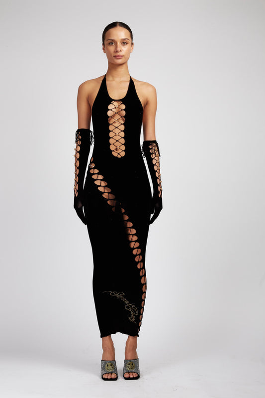SEAMLESS BODY-SHAPING MAXI DRESS WITH TASSEL GLOVES