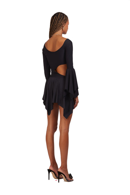 Side-Cut out asymmetric dress with O-ring front closure