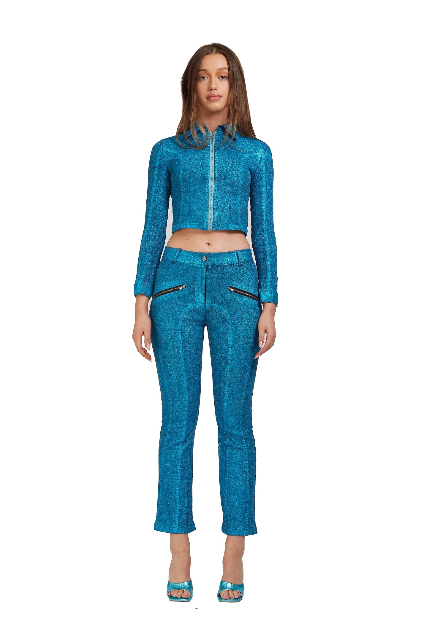 Distressed Blue Metallic denim low-waisted jeans