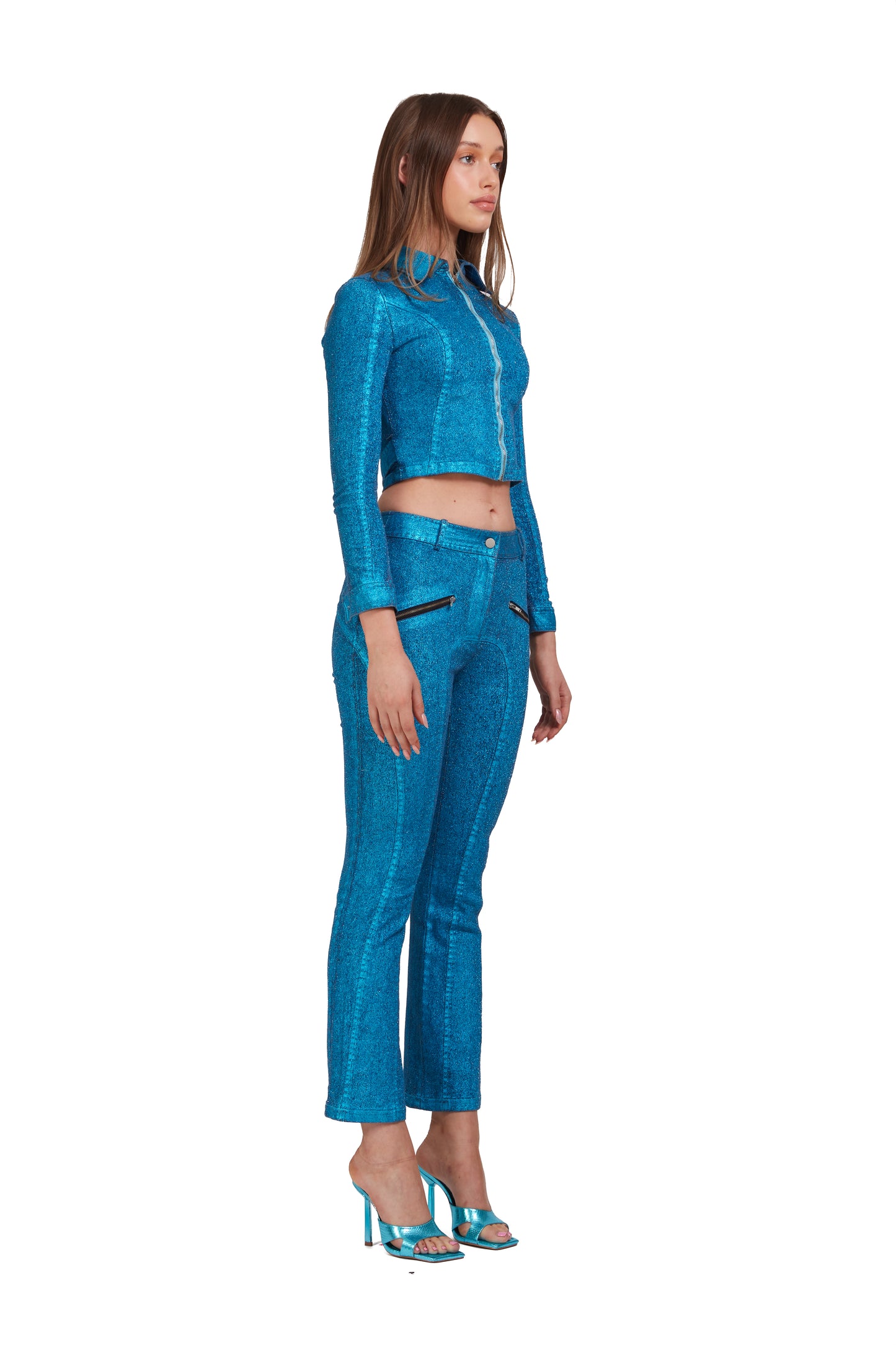 Distressed Blue Metallic denim low-waisted jeans