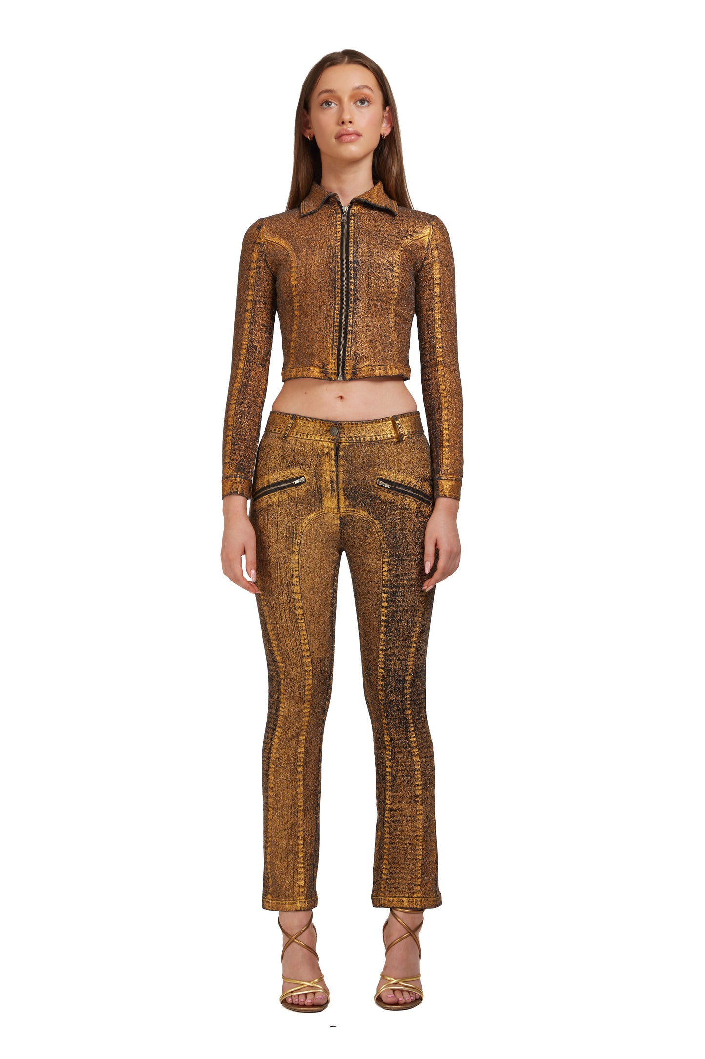 Distressed Gold Metallic Denim low-waisted jeans