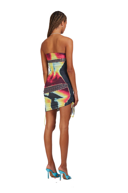 Curve-Enhancing digitally printed stud-belt boobtube dress
