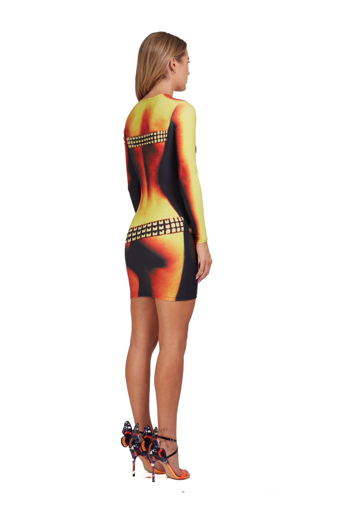 Curve-Enhancing digitally printed stud-belt dress