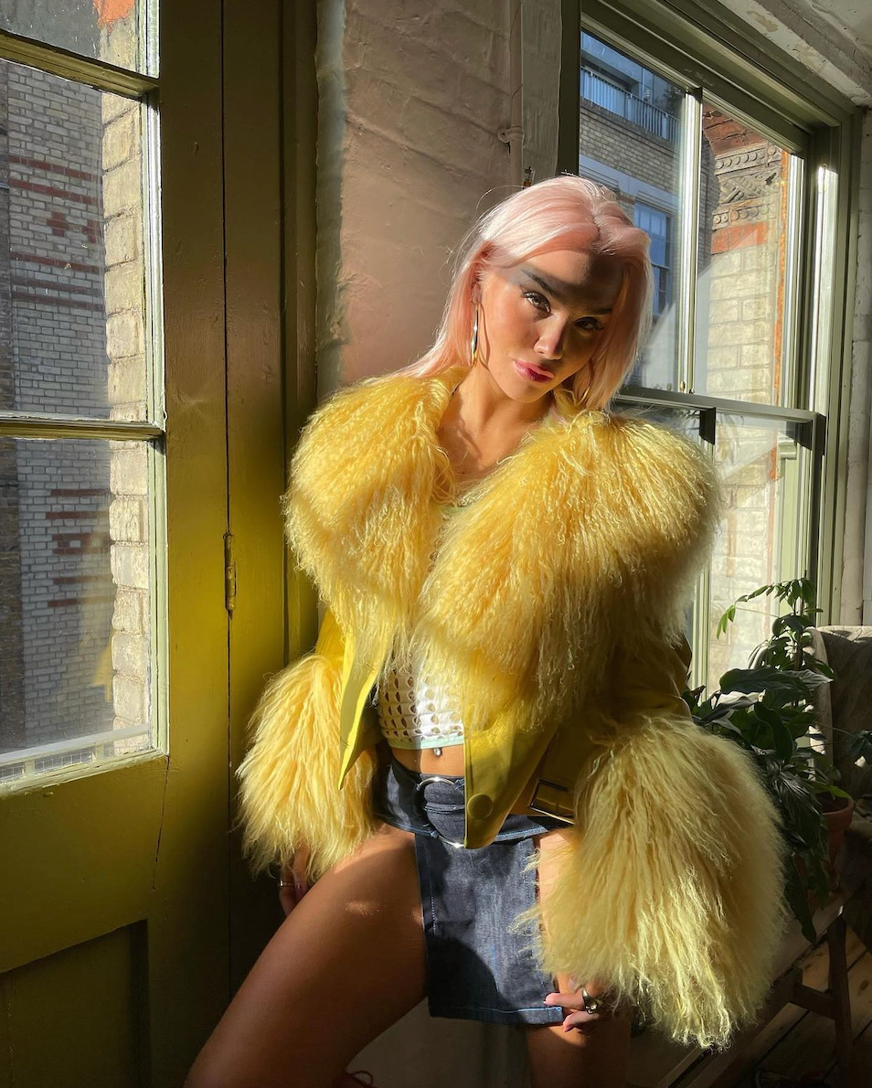 Leather Cropped Coat With Mongolian Fur Trim